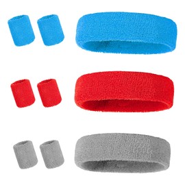 9 Pieces Sports Headband and Wristbands Set,Sweatbands For Women 80s Headband, Wristbands Wrist Sweat Bands Men for Running Exercise Gym Sports Tennis Basketball (Blue red grey)