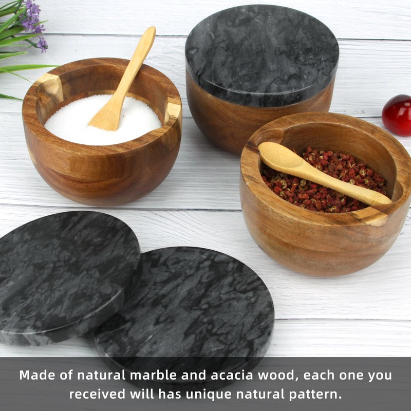 HESHIBI Wooden Salt Cellar Box with Marble Lid & Spoon,