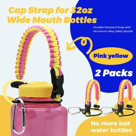LUTQ 2 Packs Cap Strap for 32oz/53mm Wide Mouth Bottles - Durable Strap with Aluminum Alloy Safety Buckle - Handle Compatible with Nalgene - Pink Yellow - Persian Chrysanthemum