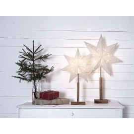 EGLO Table Lamp with Poinsettia, Decorative Star Illuminated Paper with Wooden Base, 3D Window Light Star Standing in White with Cable, E14, Height 55 cm