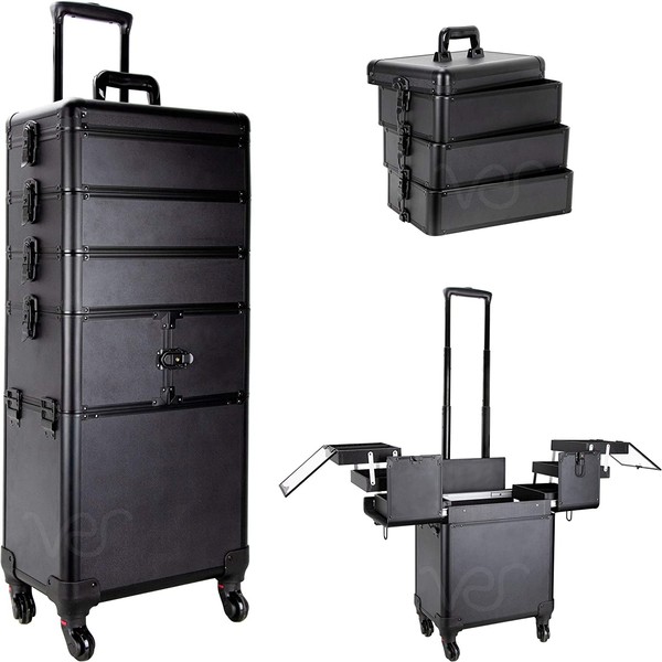 SUNRISE Makeup Rolling Case 4 in 1 Professional Organizer I3364 Aluminum, 3 Stackable Trays and Two 3 Tier Trays, 4 Wheel Spinner, Black Matte