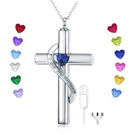 SOULMEET Crystal Cross Necklace for Ashes, Sterling Silver I Love You Forever Birthstone Cross Urn Necklaces for Ashes Keepsake Cremation Jewelry for Pet Human Ashes, Metal, Cubic Zirconia