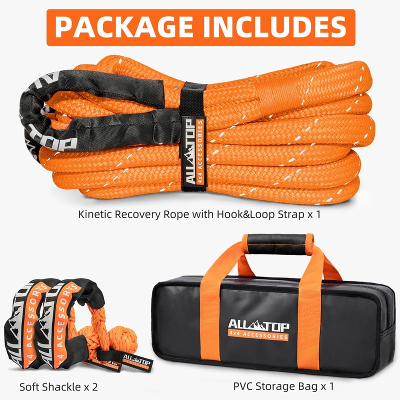 ALL-TOP Kinetic Rope Kit (Reflective) w/ 2 Soft Shackles, 48000Lbs,