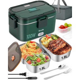 Eocolz Electric Lunch Box Food Heater 100W, Food Warmer with Dual Container 1.8L Portable Heated Lunch Box for Car Truck Work Stainless Steel Fork & Spoon 12/24/110V for Adults Lonchera Eléctrica