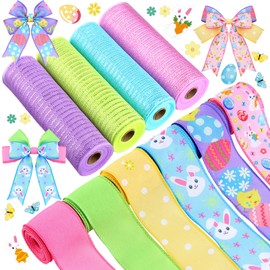 Yuefunny 10 Rolls Easter Ribbon 6 Rolls 2.5" x 5 Yards Bunny Egg Wired Edge Ribbon 4 Rolls 10" x 10 Yards Mesh Ribbon Rolls Carrots Gnome Chick Truck Wrapping Ribbon for Easter DIY Craft