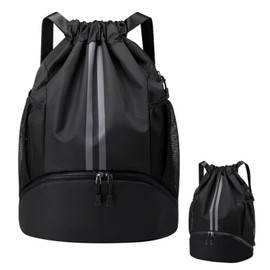 Daelesr Waterproof Drawstring Sports Bag with Zip Pocket, Sack with Shoe Compartment, Large Oxford PE Bag, Breathable Drawstring Backpack, Durable Sports Gym Bag for Men Women, 47x15x32cm (Black)
