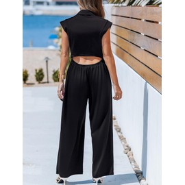 CUPSHE Women's Summer Sleeveless Button-Up Jumpsuit Revers V Neck Elegant Wide Leg Overall Casual Outfit
