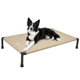 Veehoo Heavy Duty Elevated Dog Bed - Raised Dog Cot with Washable & Breathable Teslin Mesh, Non-Slip Silicon Feet, Cooling for Indoor or Outdoor, 35" x 22", Beige Coffee