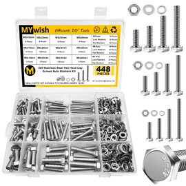 Mywish 448PCS M5 M6 M8 Screw Set, Metric Bolt Assortment, 304 Stainless Steel, Nuts and Bolts Set Flat & Spring Washers, Hex Head Cap Screws Bolts and Nuts Kit, Fully Thread