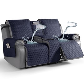 TAOCOCO 100% Waterproof Loveseat Recliner Cover with Console, Non-Slip Washable Reclining Couch Cover for 2 Seats, Furniture Protector for Dogs, Dark Blue