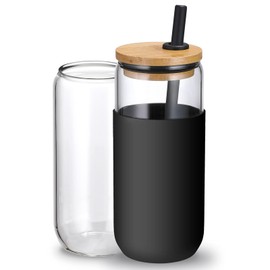 20oz Glass Water Tumbler with Silicone Protective Sleeve - Beer Can Shaped Glass Cups with Straw and Bamboo Lid, Iced Coffee Glasses, Cute Drinking Glasses for, Water Smoothie, Boba Tea, Gift - Black