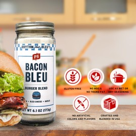 PS Seasoning Bacon Bleu Burger Seasoning - All-Purpose Rub, Smash Burger and Steak Seasoning for Grilling, with Bacon, Blue Cheese, Garlic - Spice Rub Blend for Patties, Steaks, Chicken, Veggies, 6.1oz