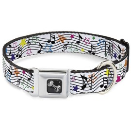 Buckle-Down DC-W31328-L Dog Collar Seatbelt, Music Notes Stars White/Black/Multi Color, 1" x 15-26"