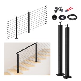 36" Complete Set 5-10FT Stair Cable Railing System Black Stainless Steel Stair Railing Post Kit with Adjustable Top Fit for 25-35 Degrees No Handrail for Indoor Outdoor Deck Stairway DIY HU02