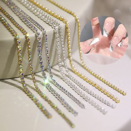 8 types of nail chain, 94.5 inches (240 cm), nail chain, gold nail part, nail art part, nail decoration part, nail stone chain, nail stone chain, silver, silver, thin, glitter, gold, silver, color diamond, rhinestone, pearl and diamond, silver accessorie