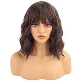 Short Wavy Brown Wig with Bangs for Women Synthetic Loose Curly Bob Wig Shoulder Length Water Wave Wig Heat Resistant Hair Wigs for Women Girls Daily Use