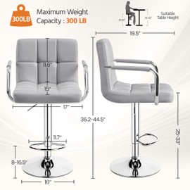 Topeakmart Barstools, Adjustable PU Leather Counter Height Swivel Stools with Back and Arms, Light Grey