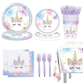 SEARART Unicorn Birthday Decorations: Plates, Napkins, Forks, Tablecloth - Pink, Purple - Unicorn Theme
