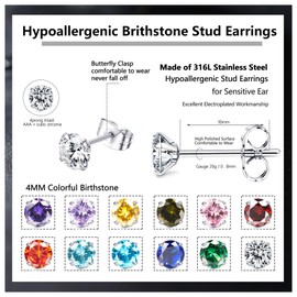MILACOLATO 12Pairs Silver Stud Earrings for Women Girls Hypoallergenic Surgical Steel Earrings Birthstone Earrings Small Multicolor Cubic Zirconia Stud Earrings Set Cartilage Sleeper Earrings 4mm
