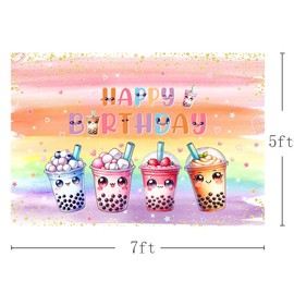 MEHOFOND Bubble Millk Tea Birthday Backdrop Kawaii Par-Tea Party Decorations Colorful Rainbow Pearl Milk Tea for Boys Girls Birthday Party Photography Background Banner Sign Photo Booth Props 7x5ft