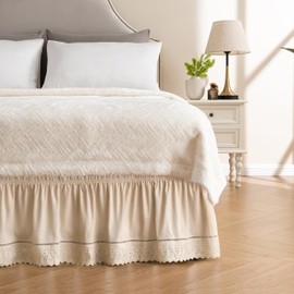 MIYE Wrap Around Ruffled Lace Bed Skirt, Elastic Dust Ruffle with Adjustable Belts, Easy to Put On, Bed Frame Cover, Machine Washable (Embroidered/Cream, King/Queen-12.5" Drop)