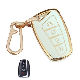 QIXIUBIA for Hyundai Key Fob Cover Smart Key Shell with Gold Keychain Fit for Hyundai Genesis Santa Fe Equus Azera Car Smart Keys (White)