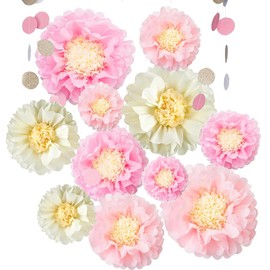 Tissue Paper Flower Paper Ball Decoration, Pack of 9, Pink Paper Flower Paper Ball and Dots Paper Garland, Party Decorations for Wedding, Baby Shower Decoration, Prom, Birthday, Garden Party