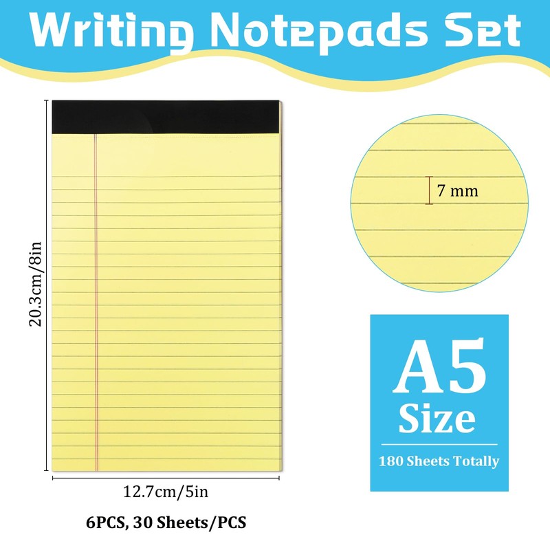 6 Pack A5 Legal Pad, Yellow Lined Paper, Double-Side Printed
