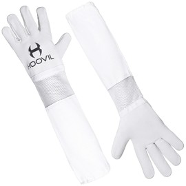 Hoovil Beekeeping Gloves Cowskin White Air Mesh Premium Leather Beekeeper's Glove with Long Canvas Sleeve with Elastic Cuff (White, X-Large)