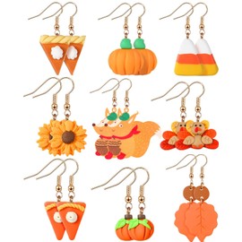 9 Pairs Thanksgiving Fall Drop Dangle Earrings Thanksgiving Autumn Jewelry Pumpkin Pie Candy Turkey Dangle Earrings Polymer Clay Earrings for Women