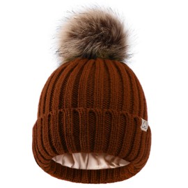 Hat Hut Winter Hats for Women Satin Lined Beanie Hats for Women Knit Ski Hat Winter Cap for Women Pom Pom Beanie (A2-Dark Orange)