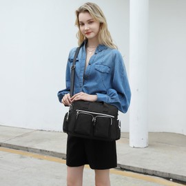 KONO Lightweight Women's Handbag with Floral Pattern, Waterproof Handbag, Large Shoulder Bag for Women, Multifunctional Shoulder Bag for Work, Shopper, Travel, Pure Black