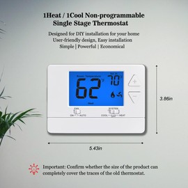 Digital Non-Programmable Thermostat for Home Single-Stage Systems, 1 Heat/1 Cool, Easy DIY Install, Blue Backlight
