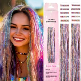 Hair Tinsel Tape in Tinsel Hair Extensions 12 Pcs Sparkly Heat Resistant Glitter Fairy hair Accessories 22 Inch Long Party Festival Colored Hair Extensions for Girls Women (Rainbow)