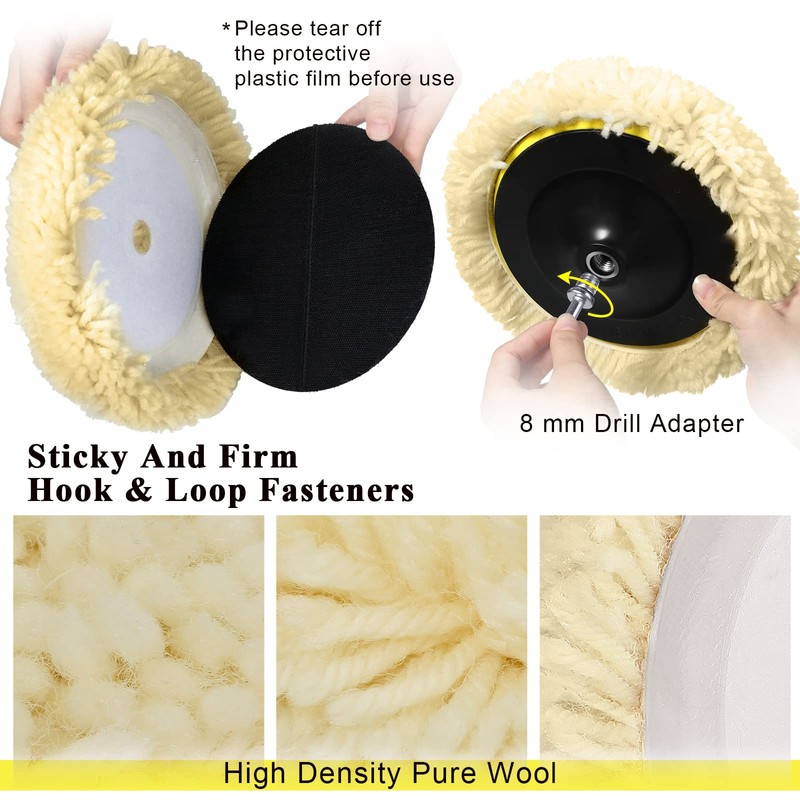 Tallew 8 Pcs 6 Inch Wool Buffing Polishing Pads Hook