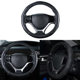 QianBao Genuine Leather Car Steering Wheel Cover Black for 13.5 to 14.2 inches Steering Wheels, Sweat Absorbent (Black)