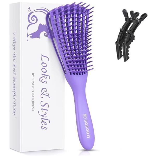 Detangle Hair Brush, Detangler Brush for Women Girls Wet Dry Afro 3a to 4c Thick Frizzly Wavy Kinky Curly Coily Natural Hair, Detangling Hairbrush with 2Pcs Hair Clips, Purple