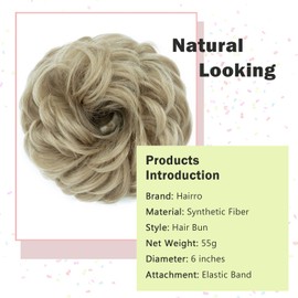 Hairro Messy Hair Bun, Ash Blonde Fake Hair Bun Hairpieces Large Messy Bun Hair Piece 55g Thick Wavy Curly Updo Scrunchies Synthetic Hair Extensions for Women