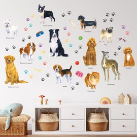 DECOWALL DS-8045 12 Dogs Wall Stickers Puppy Pet Paw Print Learning Dog Breed Decals for Kids Nursery Bedroom Living Room Art