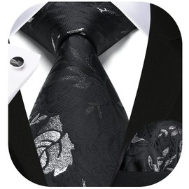 HISDERN Necktie for Men Black silk Paisley Ties and Pocket Square Cufflink 3.3" Ties Set Wedding Party Formal