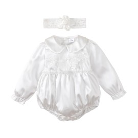 Newborn Baby Girl Romper Outfits White Baptism Dress For Baby Girls Christening Gown Long Sleeve Bodysuit with Headband One Piece Outfits