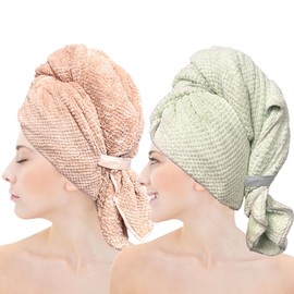 Chloven 2 Pack Extra Large Microfiber Hair Towel - Anti-Frizz Hair Drying Towel for Women，Ultra Absorbent & Lightweight Hair Towel Wrap for Long & Thick Hair,Breathable Hair Turbans with Elastic Band