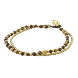 NOVICA Artisan Handmade Tigers Eye Beaded Anklet Brass from Thailand [9.25 in min L x 9.75 in max L x 0.3 in W] ' Ringing Beauty'