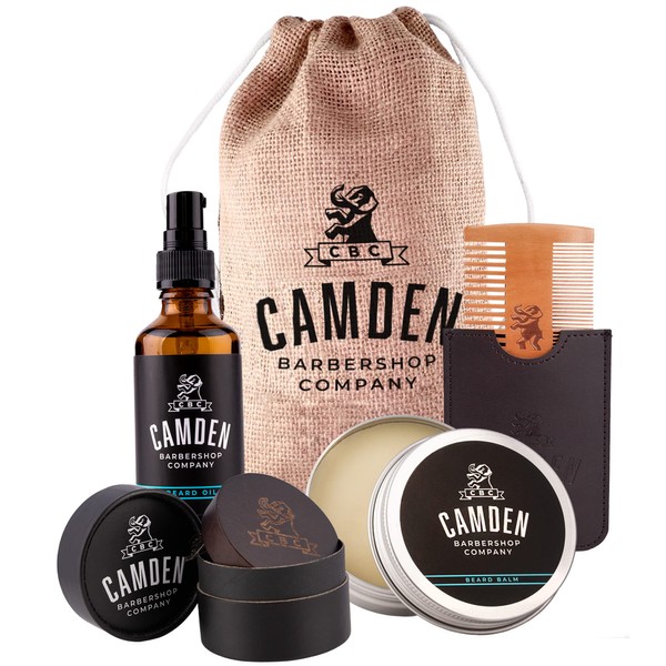Camden Barbershop Company: Deluxe Beard Grooming Set Including Beard Oil, Beard Wax, Beard Brush & Beard Comb ● 100% Natural ● Gift Set for Men