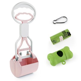 Andiker Dog Pooper Scooper with Short Handle, 10.26" Tall Dual-spring Pet Pooper Scooper with 1 Roll of Dog Poop Bag and a Dispenser Simple to Use Dog Poop Scooper for Yard Picking Waste Up (Purple)