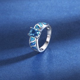 18K White Gold Plated Created Blue Opal Ring, Opal Cubic Zirconia Italy Ring For Women Size 8