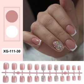 French False Nails Short - 24Pcs Pink Press On Nails Square - French Tip Nails with Butterfly Broken Glass Design - Cute nails Full Cover Acrylic nails Press on Valentines Nail Art