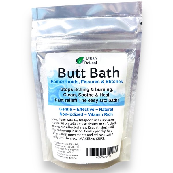 Urban ReLeaf Butt Bath 6 oz. Bag! Hemorrhoids, Fissures & Stitches. Stops itching & Burning. Clean, Soothe & Heal. The Easy Sitz Bath! Fast Relief! Healing Sea Salt. Gentle, Effective, 100% Natural