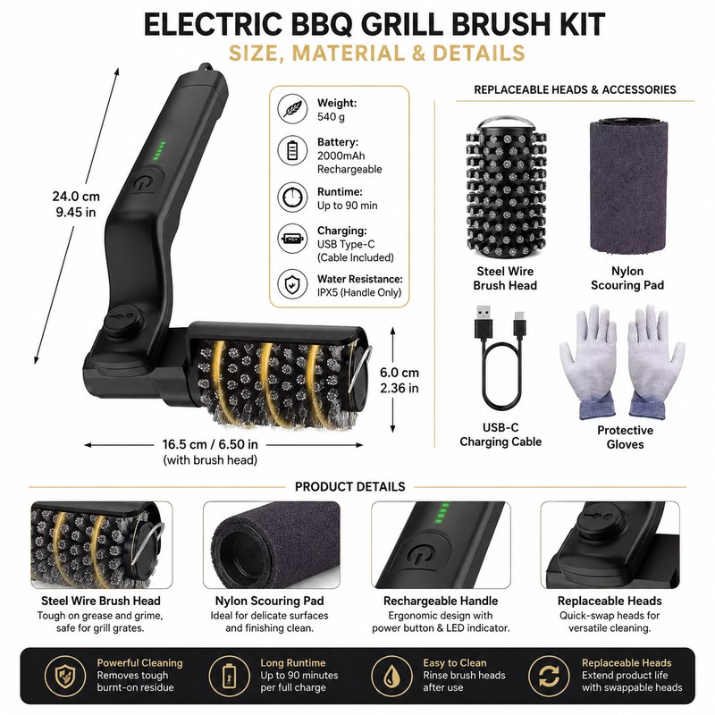 Electric BBQ Grill Brush for Outdoor Cleaning – 3-Speed Rechargeable