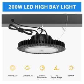 OPENLUX 200W UFO LED High Bay Light, 29000LM, 0-10V Dimmable High Bay LED Shop Lights UL Approved Warehouse Light 5000k Daylight 5 Yr Warranty